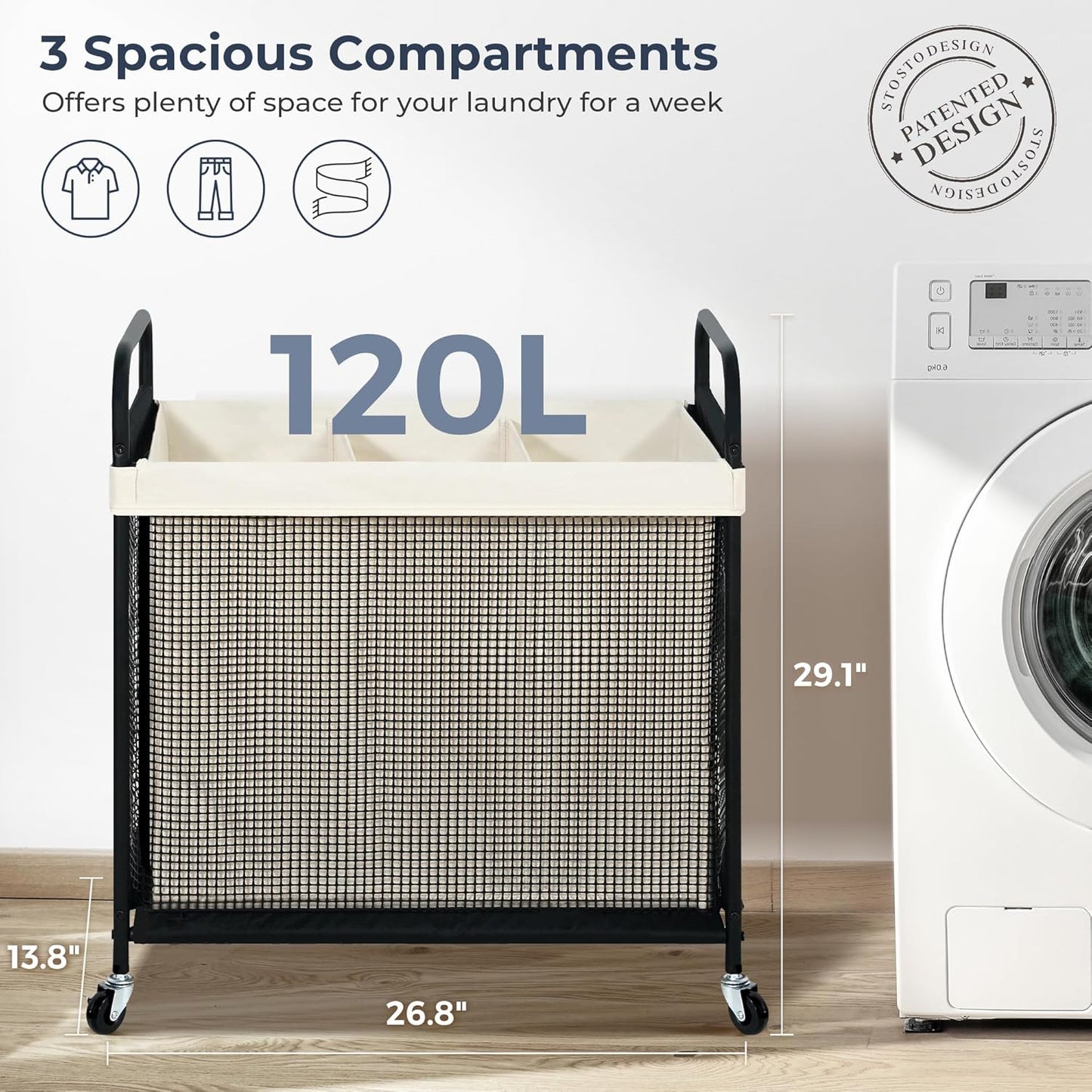 STO STO Laundry Hamper 3 Section, 120L Rolling Laundry Sorter Cart with Removable and Washable Liner Bag, Rolling Clothes Hamper with Metal Handle for Laundry Room and Bedroom
