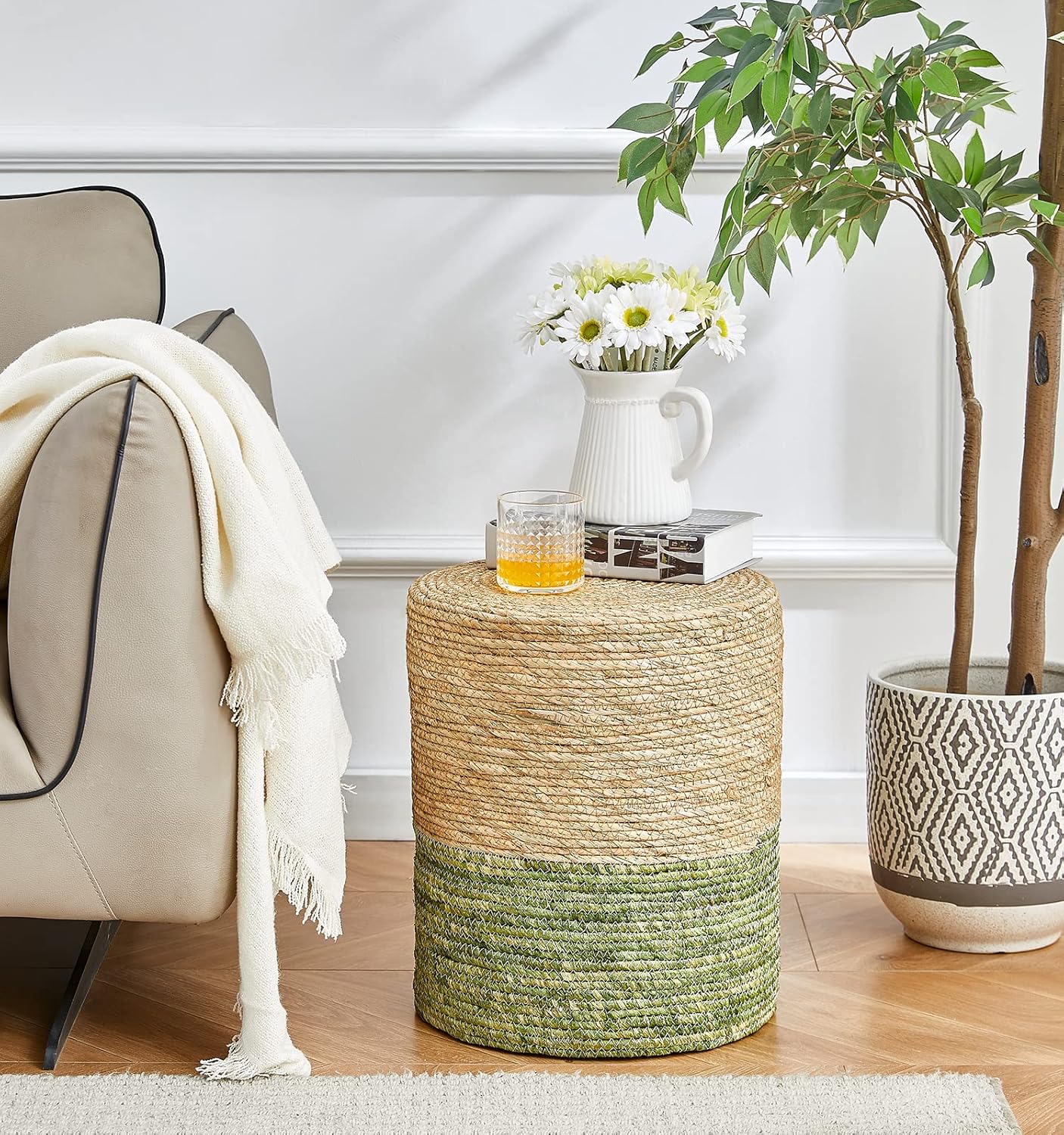 Cplxroc Ottoman Poof Natural Seagrass Poufs Hand Weave Round Footstool Pouffe Accent Chair Sitting Braided Footrest W/Jute Cover Boho Decor for Living Room, Bedroom