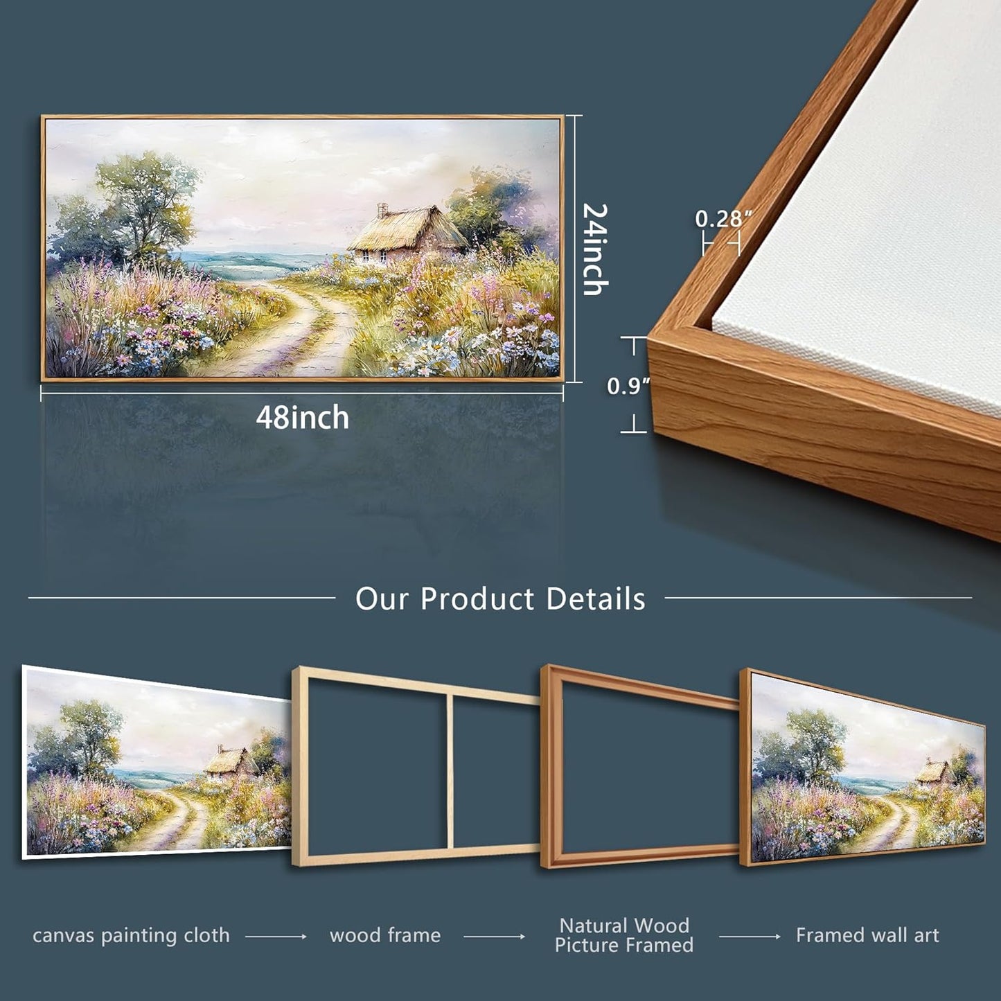 ZUITINGHUA Large Wood Framed Wall Decor For Living Room Canvas Wall Art For Office Modern Wall Decorations For Bedroom Country Road Landscape Painting Farmhouse Pictures Artwork Home Decor 24x48 In