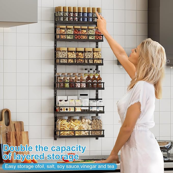 X-cosrack 6-Tier Wall-Mounted Spice Rack Organizer with Mixed Basket Sizes, Height-Adjustable Hanging Spice Shelf for Kitchen Pantry Cabinet, Large-Capacity Seasoning Holder, Black