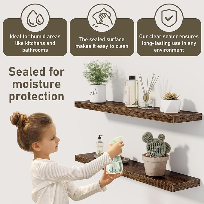 Fun Memories 72 Inch Floating Shelves for Wall 2 Pack Shelves for Bedroom|Kitchen|Bathroom 72 x 9.3 Inch Wood Floating Shelf with Invisible Brackets for Books|Storage|Decor, Rustic Brown