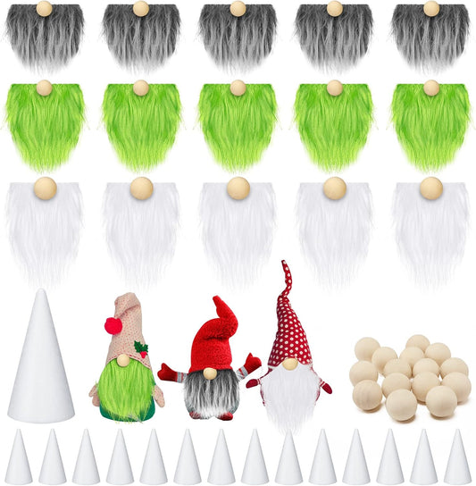 60 Pcs Gnomes Beard Sets Faux Fur Pre Cut Gnomes Beard Foam Cone Foam Handmade Wood Balls for Halloween Christmas Day Crafts(White, Green, Gray)