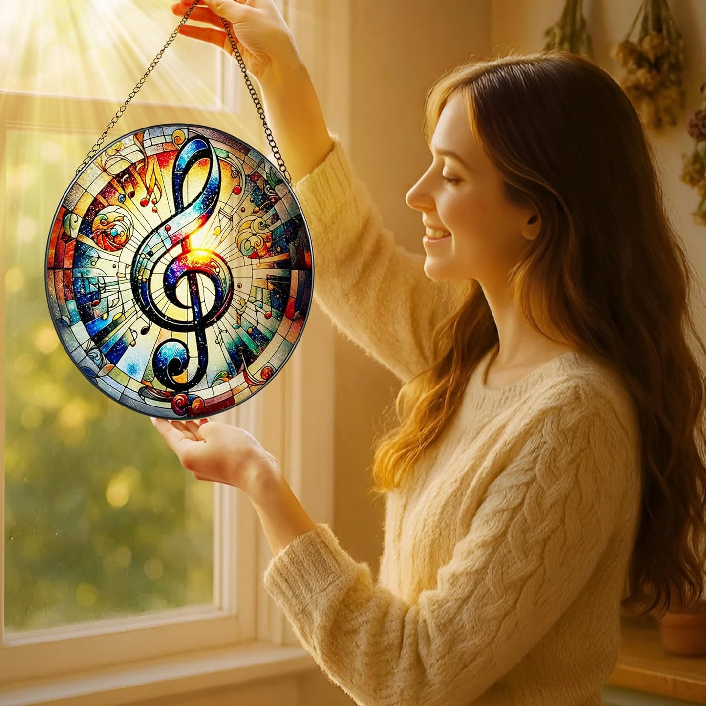 Stained Glass Window Hanging, LAOWEIKI 8'' Musical Note Suncatcher, Stained Glass Ornament, Suncatchers for Windows Hanging, Window Decor, Outdoor or Indoor, Gifts for Friends, Music Lover