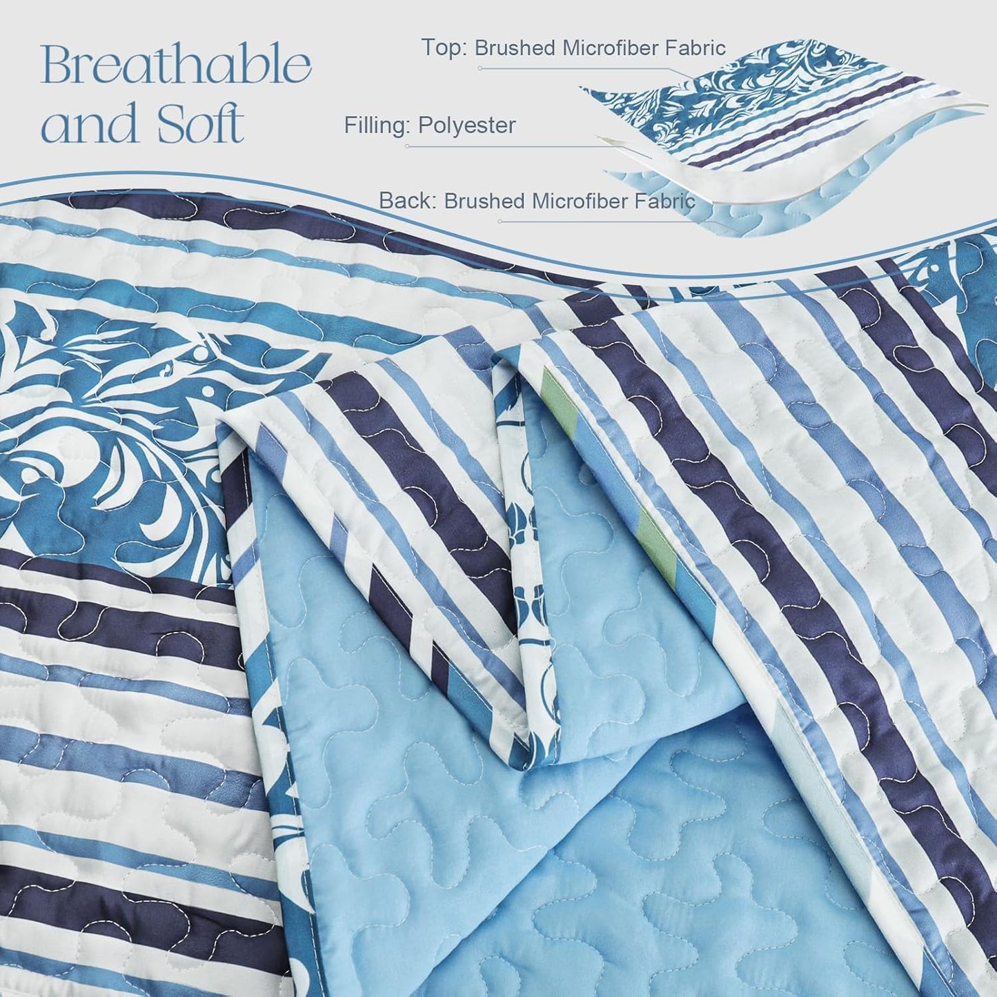 Exclusivo Mezcla Reversible Boho Quilt Set Queen Size, 3 Pieces Bohemian Striped Blue All Season Bedspreads, Ultra Soft Floral Coverlet Bedding Set with Printed Pattern (1 Quilt, 2 Pillow Shams)