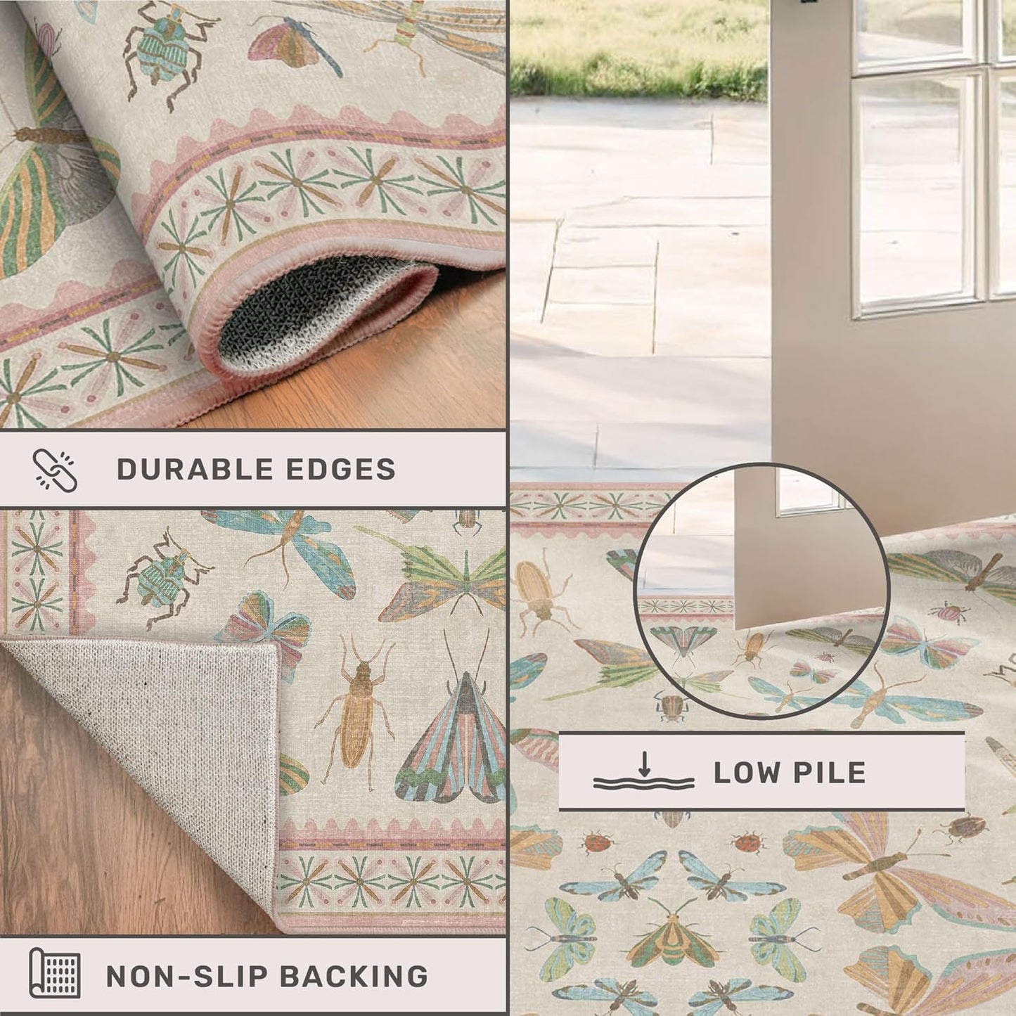 Neutral Girl Nursery Rug 4x6 - Beige & Pink Rugs for Bedroom, Living Room - Washable Low Pile Non-Slip Charming Insect Print Vintage Girly Design, Perfect for Kids Rooms