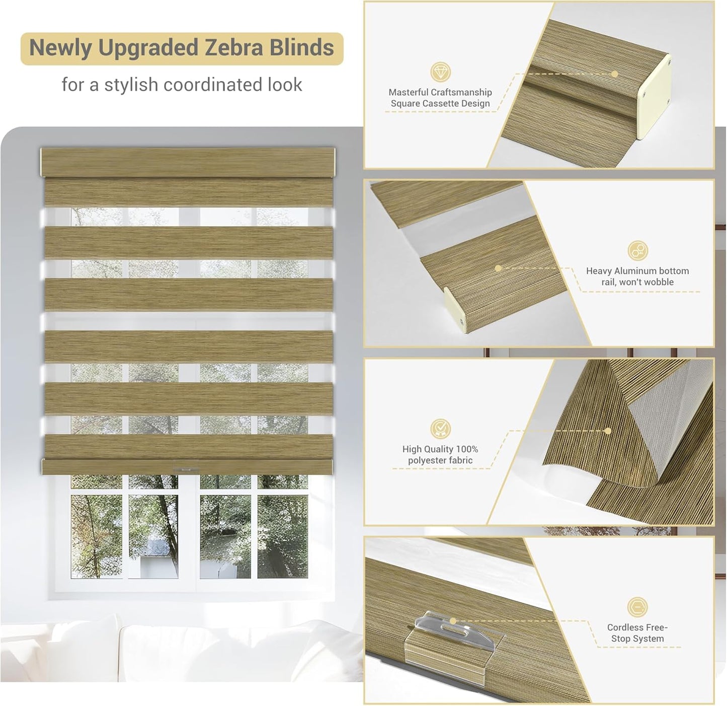 Cordless Zebra Blinds for Windows, Blackout Interior Blinds,Easy to Install,UV Protection,for Offices and Home,Custom Roller Shades, Mousse Light Bown,20" W x 80" H