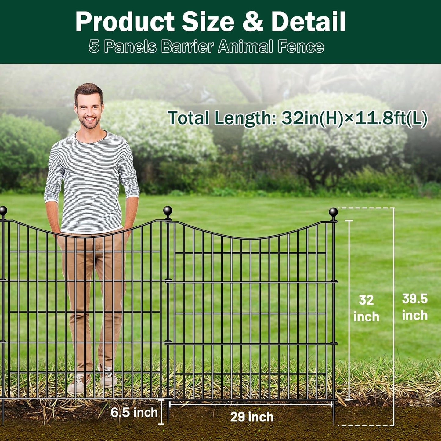 5 Panels Decorative Garden Fence with Gate, 32 in(H) X 12 ft(L) No Dig Dog Fence Animal Barrier Outdoor for Yard, Rustproof Metal Garden Edging and Borders, Temporary Fencing Stakes