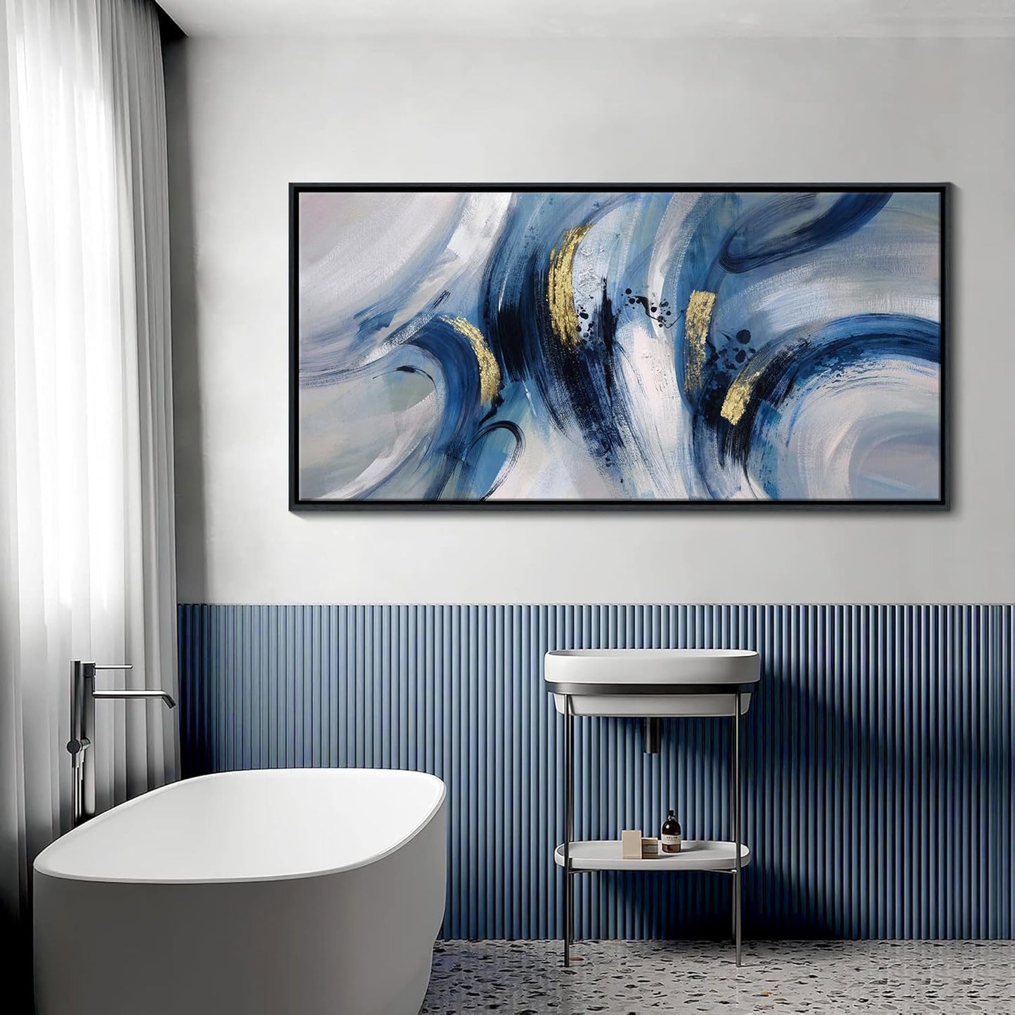 Abstract Line Art Framed Canvas - Modern Blue and Grey, Large 24x48 Inches, Minimalist Bedroom & Living Room Art, Ready to Hang