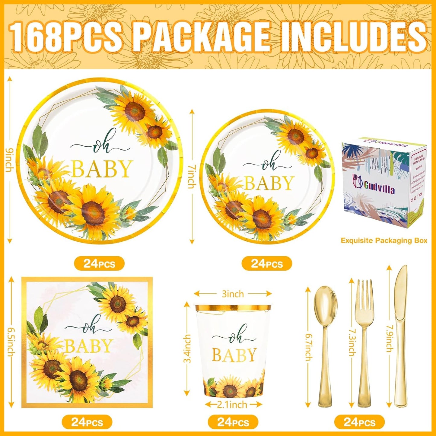 168Pcs Sunflower Baby Shower Decorations for Girl, Baby Shower Plates and Cups and Napkins Sets, Sunflower Plates Serve 24, Baby In Bloom Yellow Oh Baby Party, Easter Spring Summer Fall Party