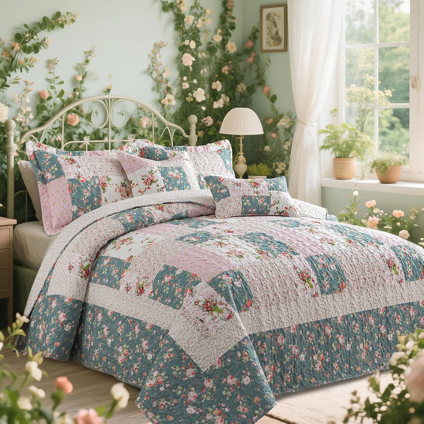 VAPUTAR Pink King Size Quilt Bedding Set - Gaeden Style King Size Bedspreads with Floral Pattern - Lightweight Farmhouse Cotton-Filled Quilts King Size for Bed Decorations, 3 Pieces