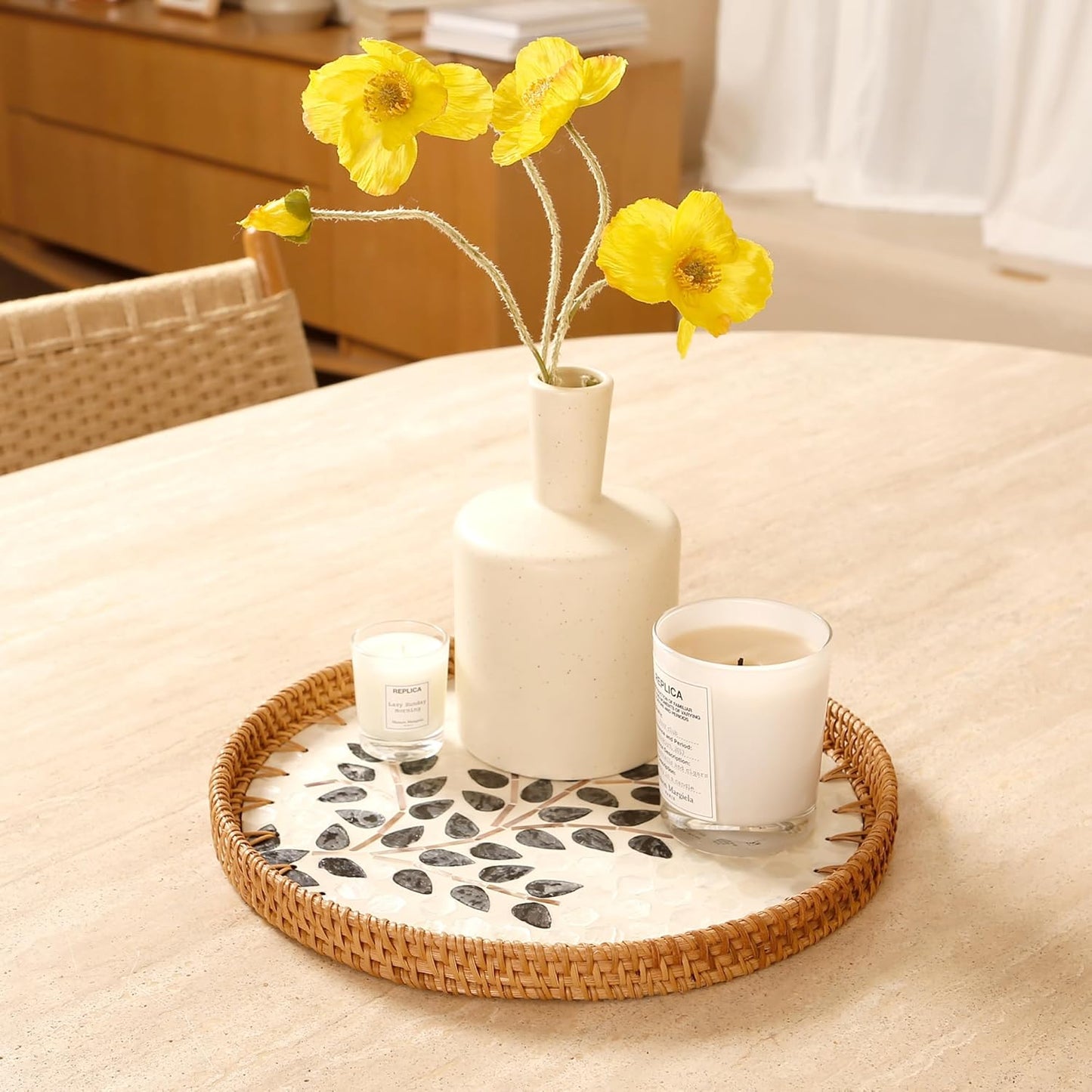 Round Rattan Tray with Mother of Pearl Inlay & Wooden Base - Decorative Wicker Serving Tray for Coffee/Bread/Fruits, Food Storage & Display - Multipurpose Home Decor