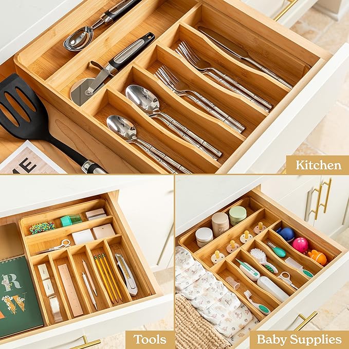 SMIRLY Silverware Drawer Organizer – Bamboo Kitchen Drawer Organizer, Adjustable Utensil Holder and Cutlery Tray, Drawer Dividers for Flatware and Kitchen Utensils