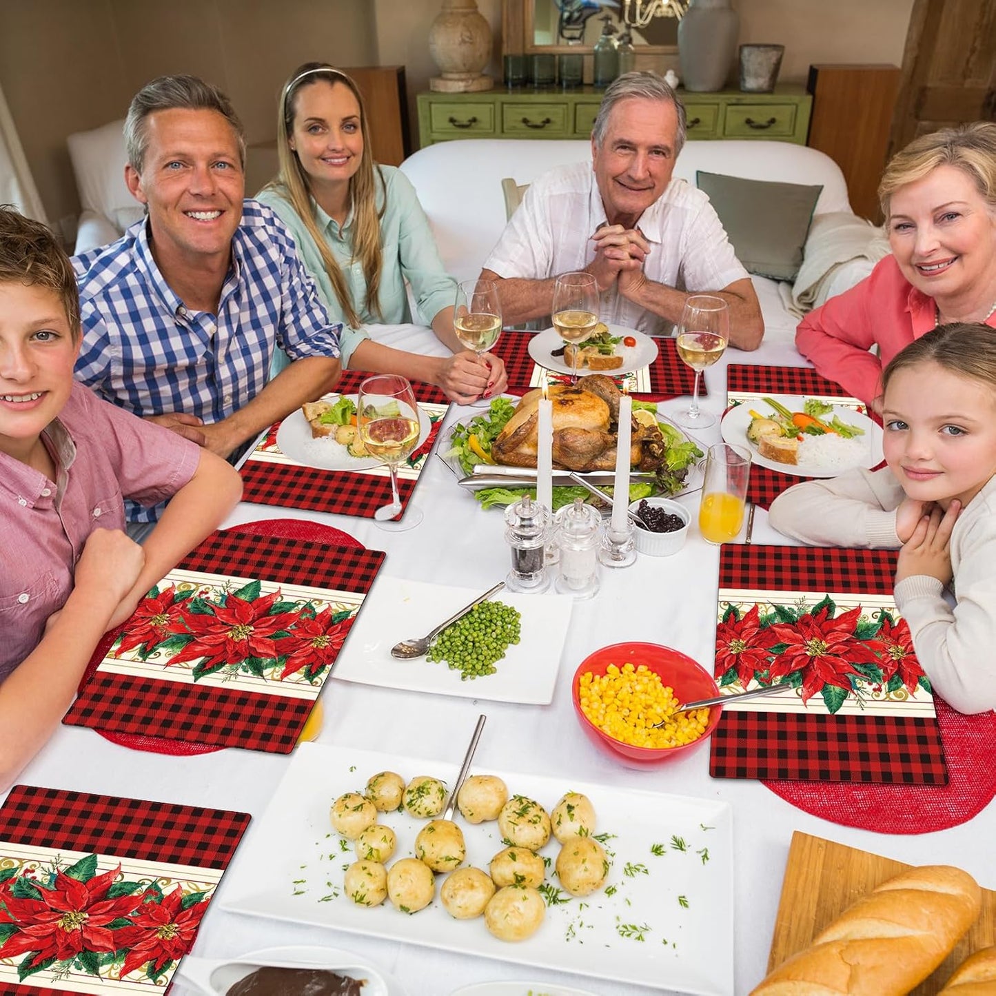 Christmas Poinsettia Placemats Set of 6 Red Watercolor Poinsettia Plastic Table Mats Christmas Xmas Red Flower Place Mats Winter Holiday Table Decoration for Indoor Outdoor Party Kitchen Dining