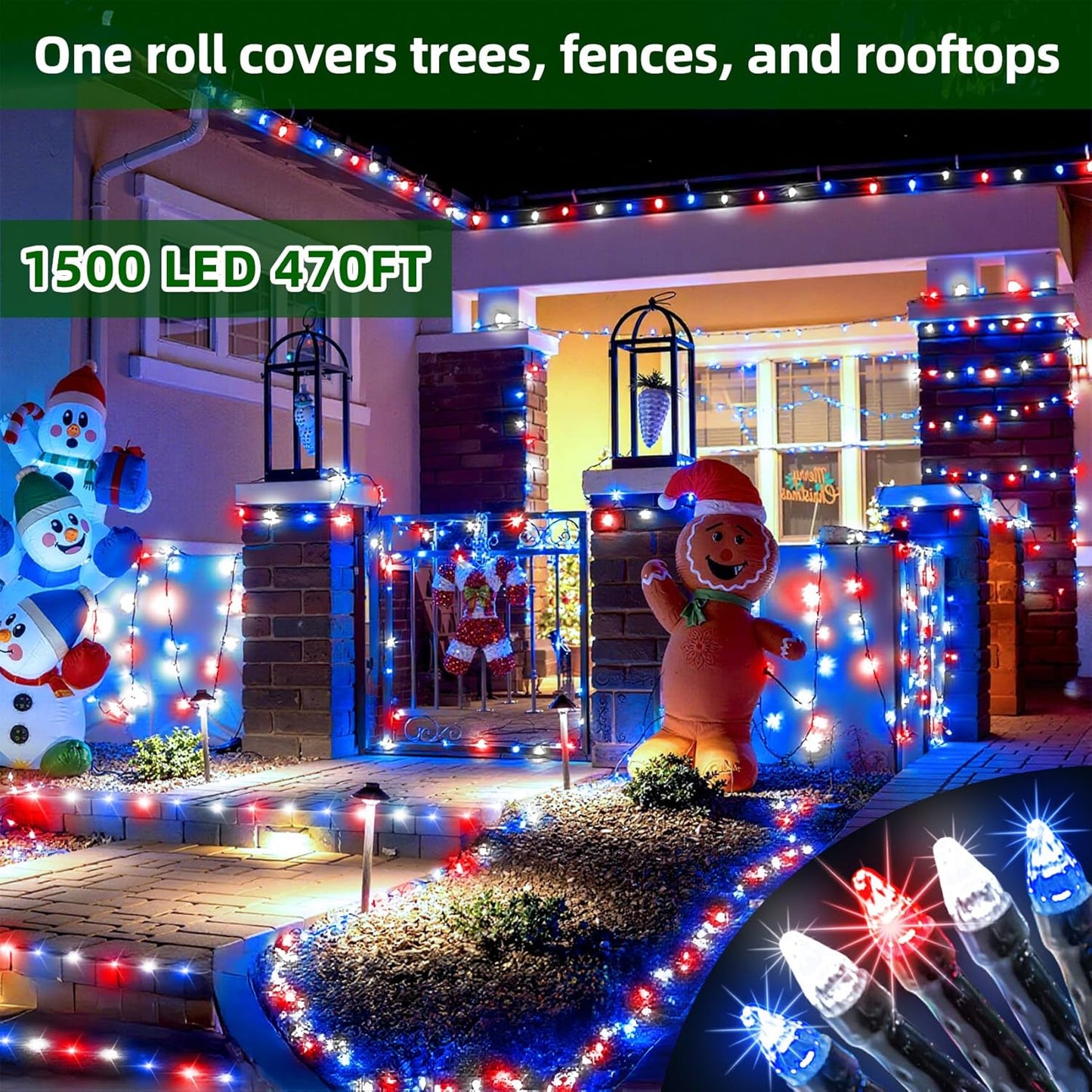 1500 LED 470FT Christmas Lights Outdoor,12 Lighting Modes Christmas String Lights with Timer, Dimmable Plug in Red White and Blue LED StringLights Waterproof for Yard Tree Wedding Party Holiday