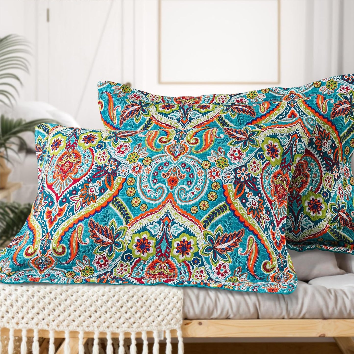 VAPUTAR Quilt Queen Bedding Set - Soft Cotton Quilts with Paisley Floral Pattern - Lightweight Reversible Bedspreads for Farmhouse (3 Pieces, Bright Teal)