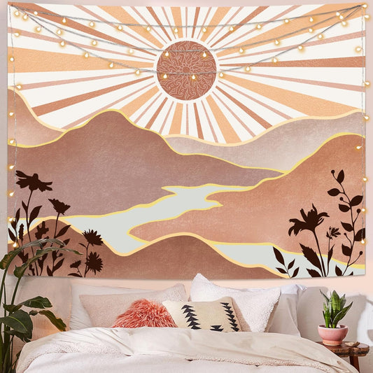 Lunerfex Boho Sun Tapestry Sunset Wall Tapestry, Mountain Tapestries for Bedroom 80s Tapestries Wall Hanging for Bedroom Living Room Decor Boho-1 70"x90"