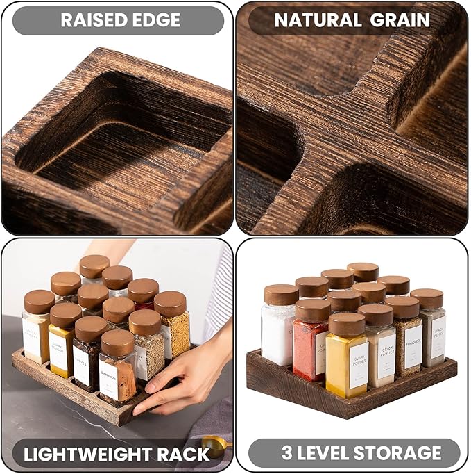Yangbaga 24Pcs Glass Spice Jars with Labels-4oz Acacia Wood Lid Square Spice Containers and 2pcs Rack with Pepper Grinder Lids &Funnel,Seasoning Jars for Rack Cabinet Drawer