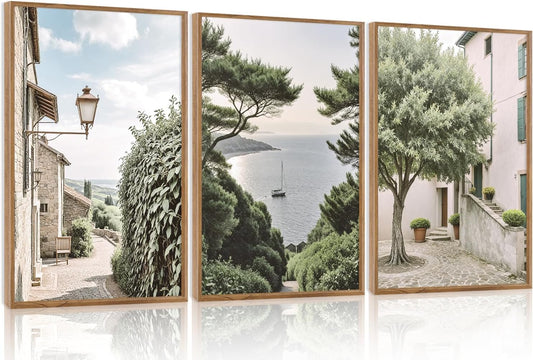 Aurlan Neutral Italy Cityscape Gallery Framed Wall Art(16"x24"), 3PCS Vintage Mediterranean Countryside Landscape Canvas Artwork, Large Town Coast Streets Travel Decor Prints for Office Home