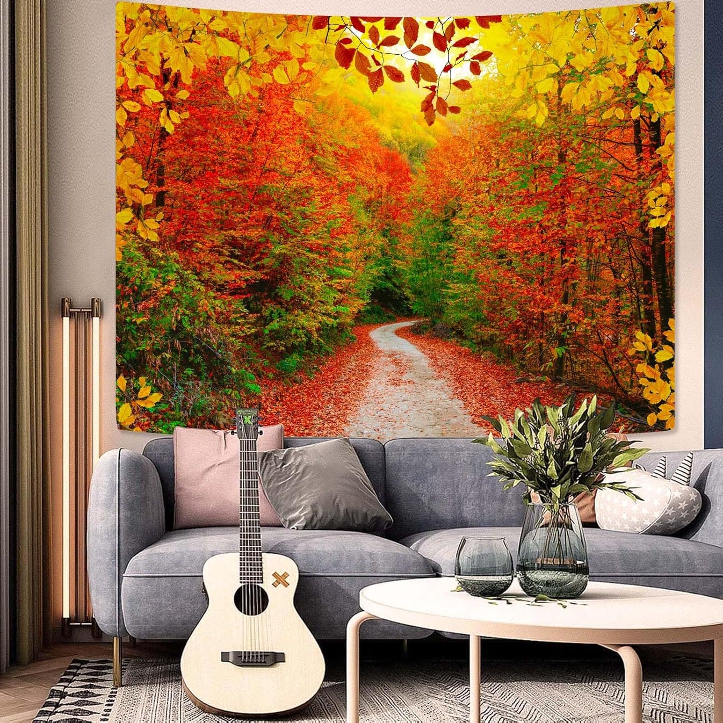 AMM Autumn Forest Tapestry Nature Fall Tree Thanksgiving Tapestry for Bedroom Aesthetic Autumn Path Yellow Red Fallen Leaves Landscape Tapestries Wall Hanging for Living Room Dorm 80 x 60 Inch