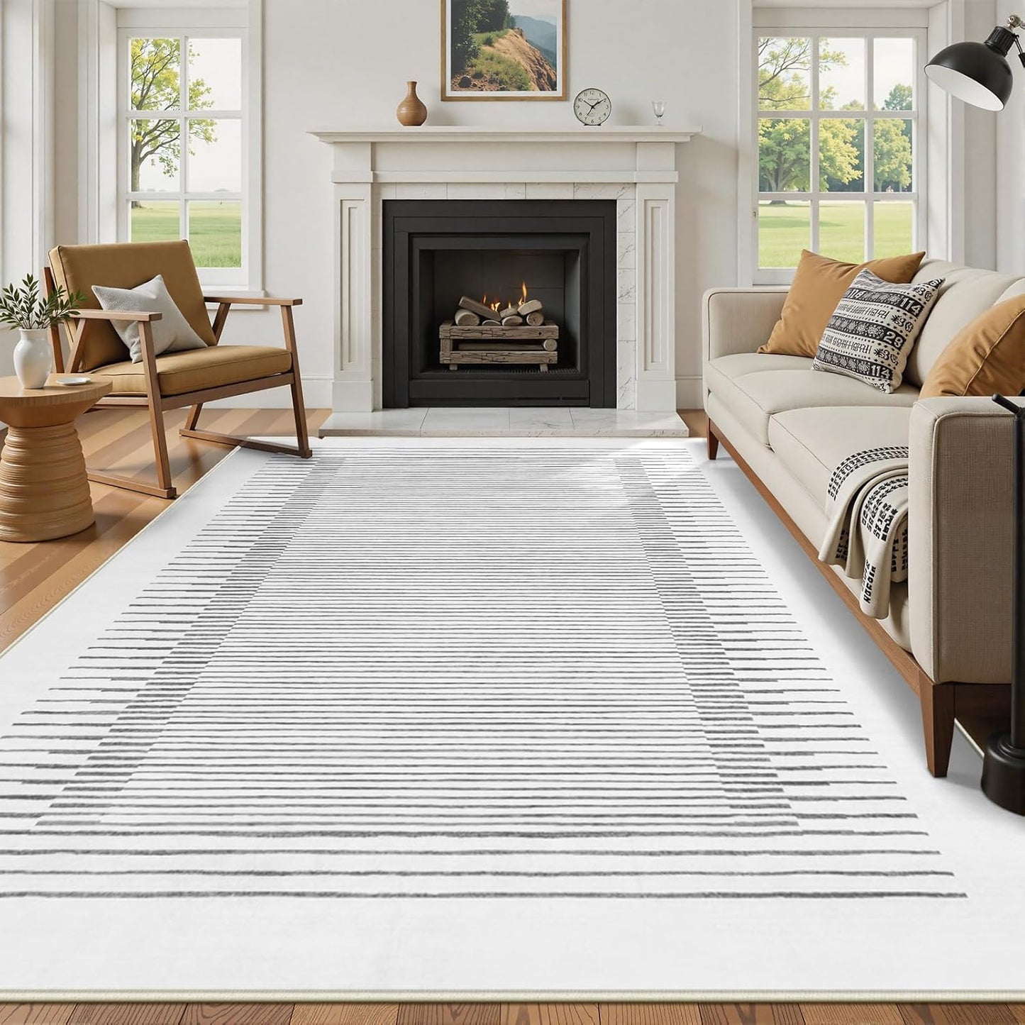 Wonnitar Striped 9x12 Rugs for Living Room, Non-Slip Soft Grey Berber Stripe Bedroom Rug, Low Pile Minimalist Floor Carpet for Dining Room Living Room Department (Grey,9' x 12')