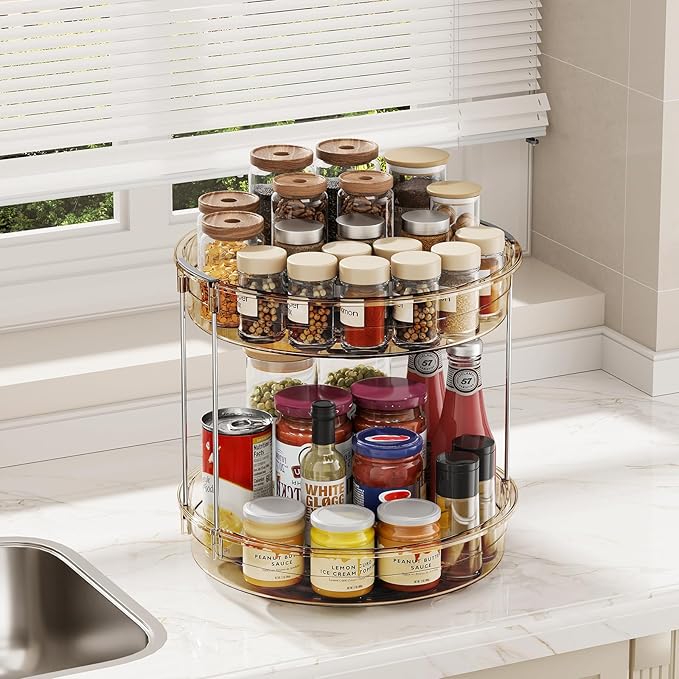 LAMU 2 Pack 2 Tier Lazy Susan Turntable Organizer 12'' Rotating Spice Rack Organization for Cabinet, Kitchen, Pantry, Countertop, Bathroom, Vanity, Medicine Cabinet Organizer, Amber