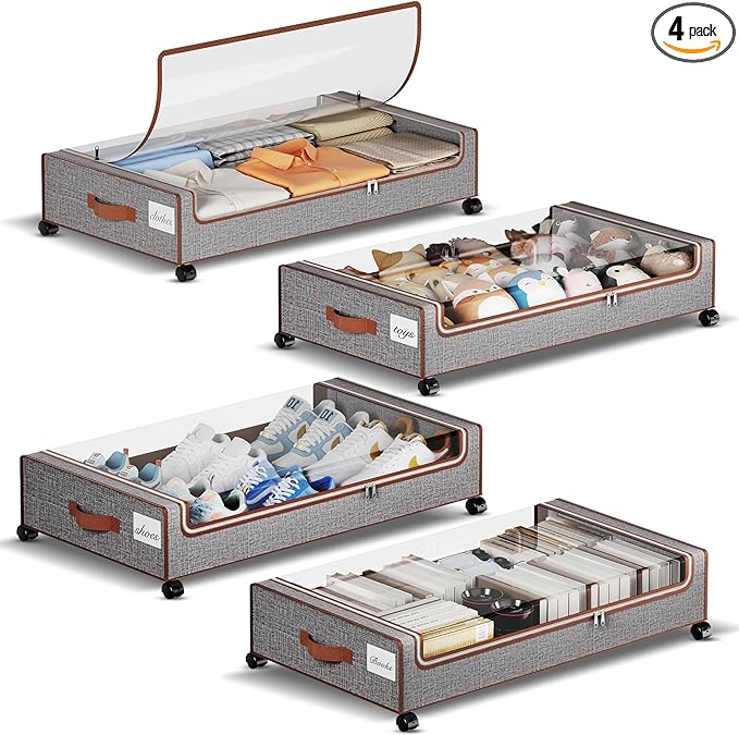 Yecaye Under Bed Storage with Wheels, 4 Pack Under Bed Storage Containers with Clear Lids & Label, XXL Large Lapacity Rolling Under Bed Drawers for Clothes, Shoes, Blankets