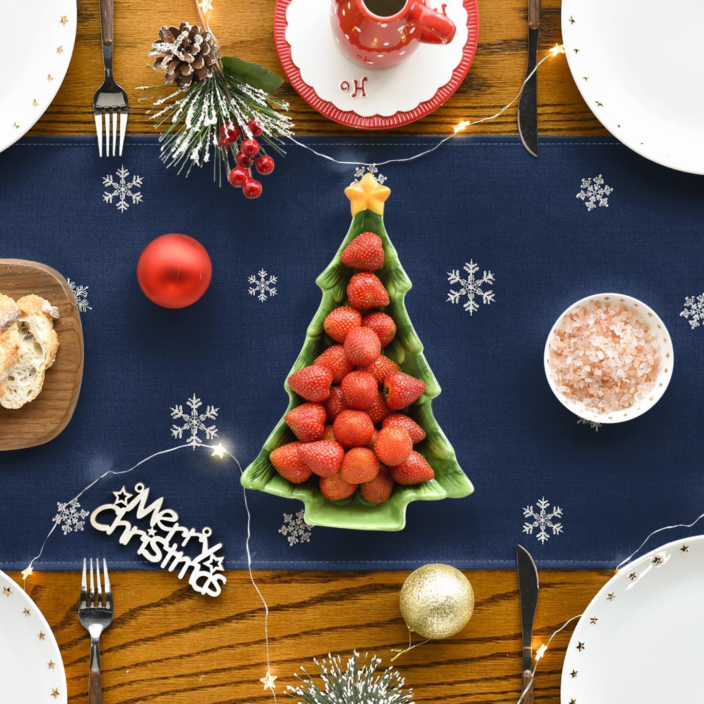 Artoid Mode Xmas Trees Snowflakes Blue Merry Christmas Table Runner, Winter Seasonal Kitchen Dining Table Decoration for Home Party Decor 13x72 Inch