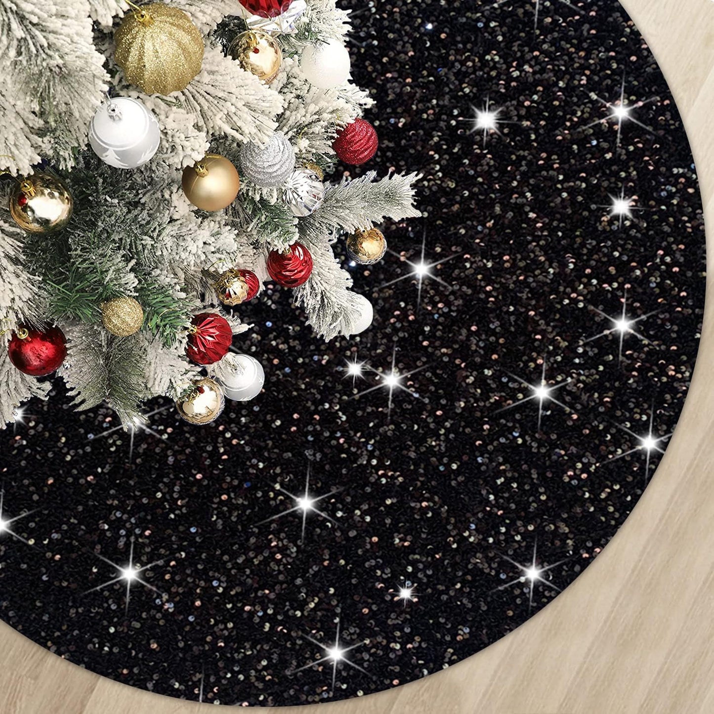 Christmas Tree Skirt 36 Inch Black Xmas Tree Skirt Soft Fabric Christmas Tree Skirts Santa Tree Decorations for Christmas Tree Skirt Halloween Tree Skirt Collar Sequin Metallic Tree Floor Base