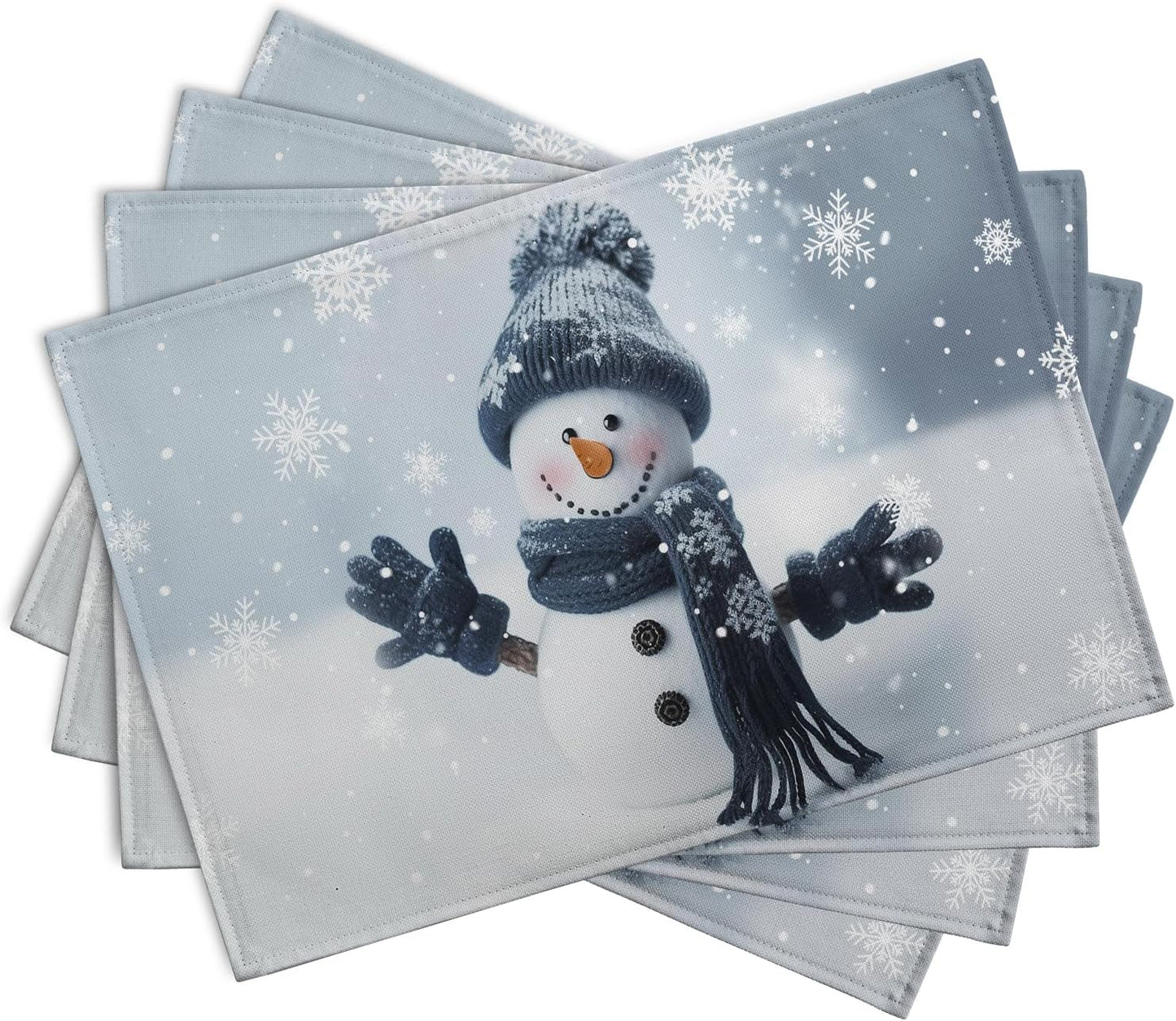Snowman Placemats Set of 4, 12x18 Inch Winter Cute Blue Snowman Snowflake Table Mats Seasonal Christmas Holiday Washable Linen Fabric Place Mats for Farmhouse Party Kitchen Dining Decor