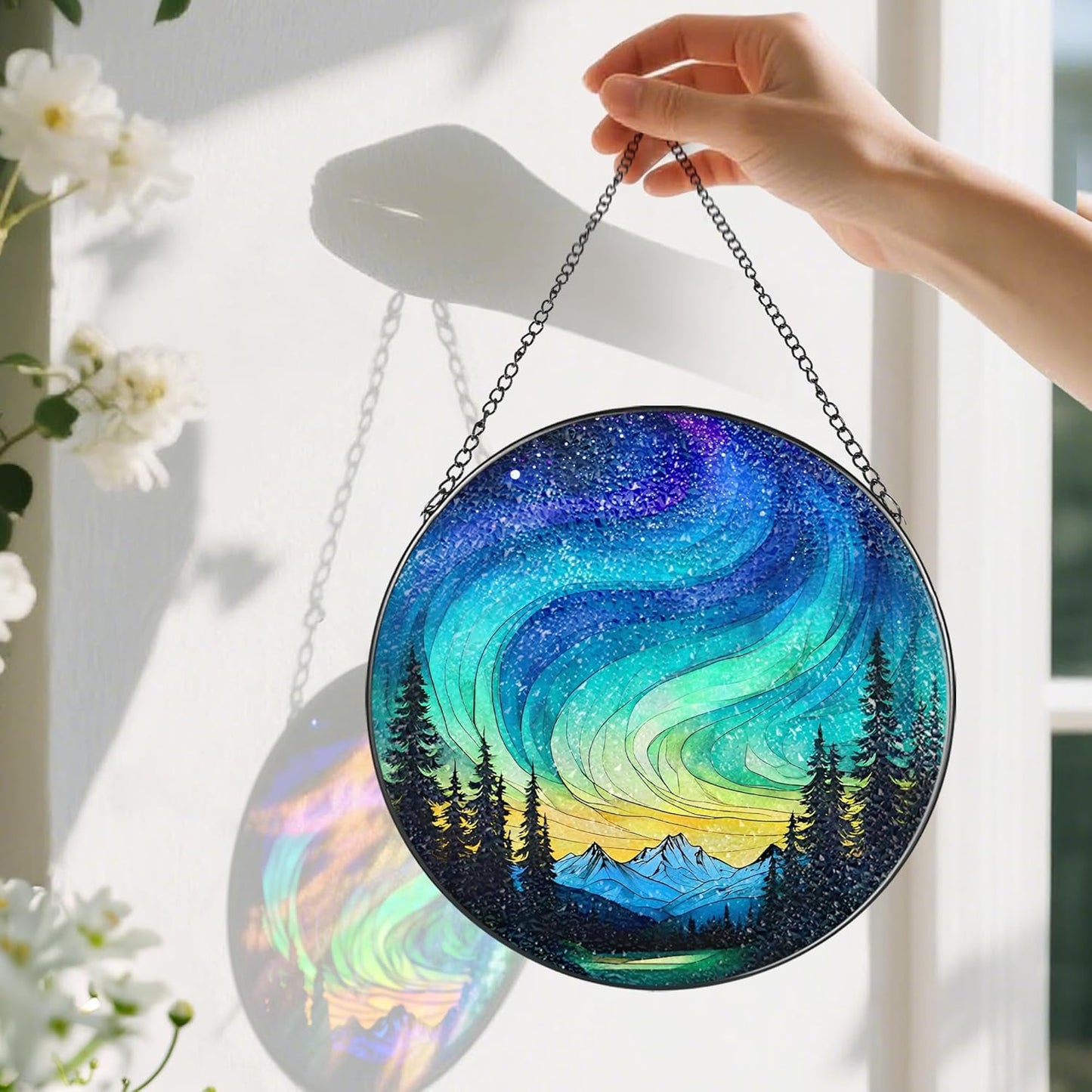 Stained Glass Window Hanging - 8 Inch Northern Lights Suncatcher for Window Doors Home Decoration, Valentine's Day Mother's Day Christmas Birthday Gifts for Women, Men, and Mom Grandma