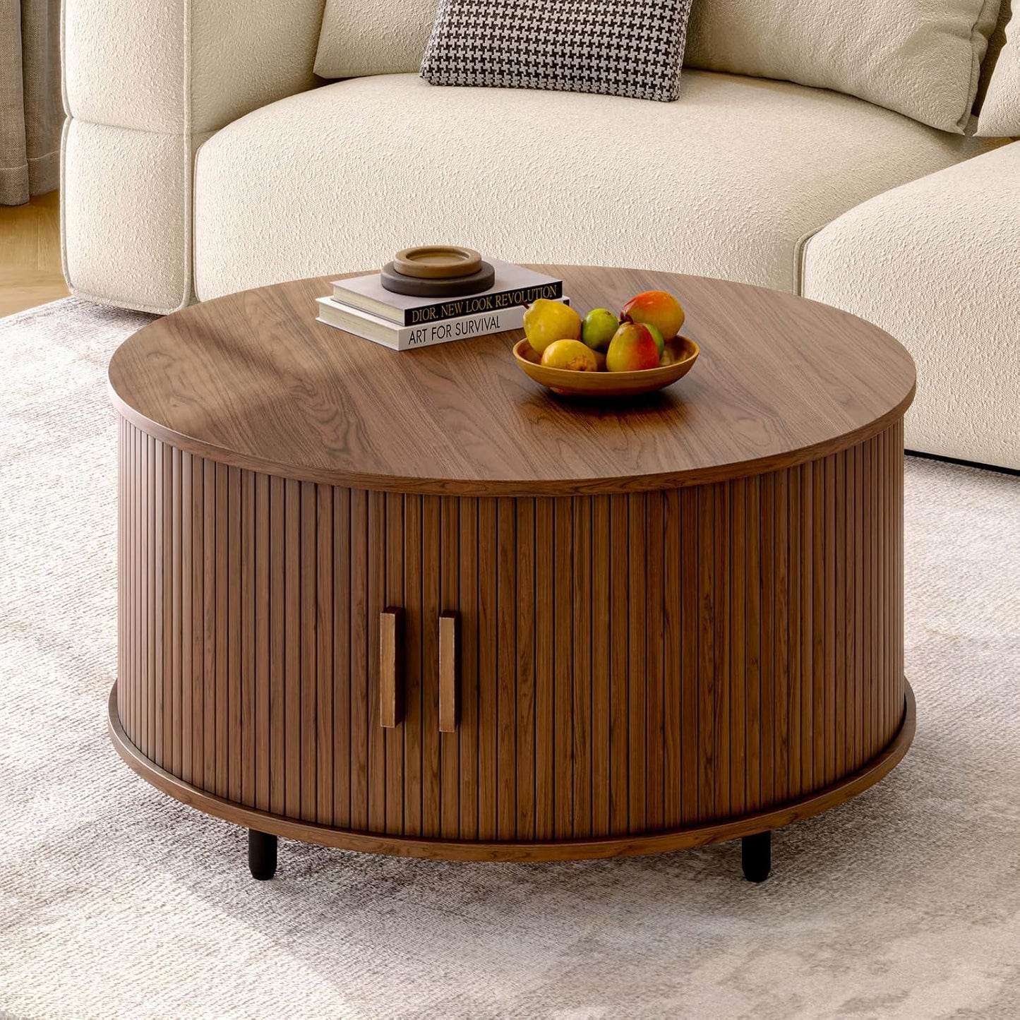 Round Coffee Table with Storage, 31.5" Modern Coffee Table with 360° Curved Sliding Door, Fluted Wood Accent Coffee Table with Adjustable Footpads, Round Center Table for Living Room, Walnut