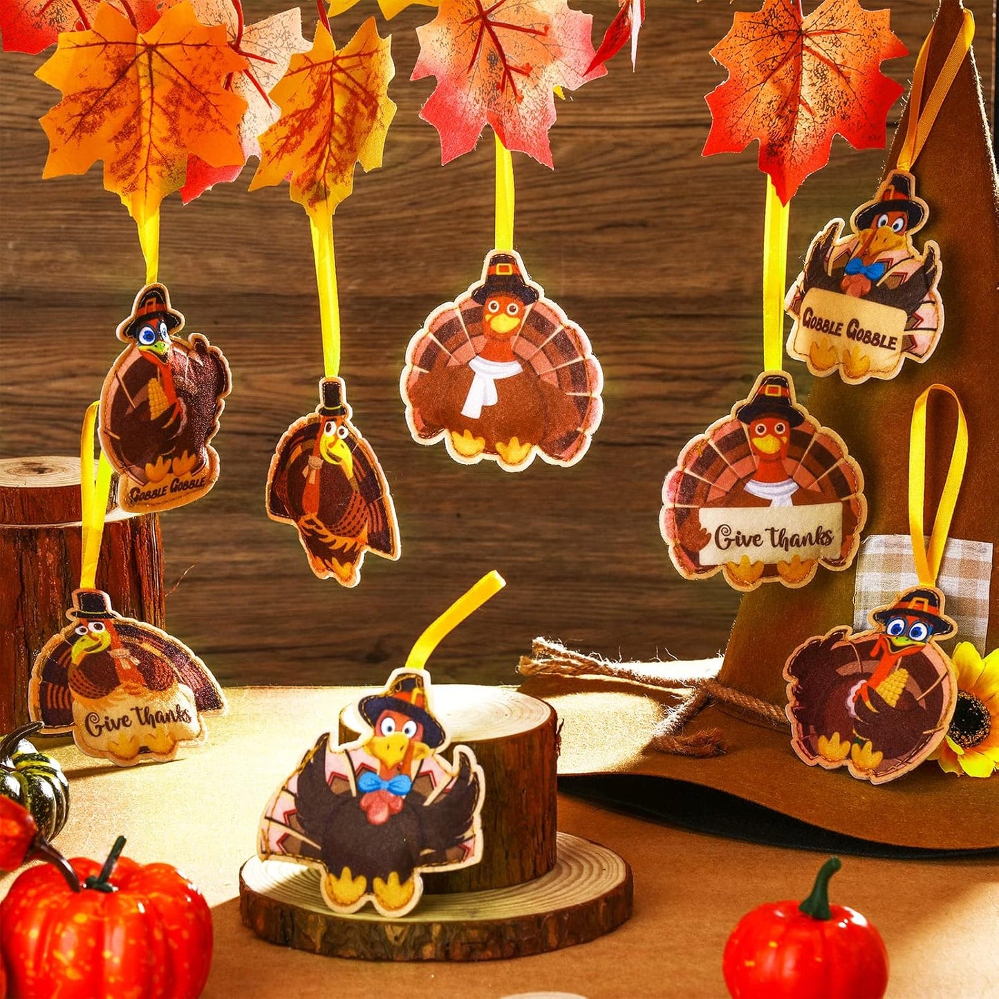8 Pcs Thanksgiving Tree Ornaments Turkey Felt Thanksgiving Tree Decoration Give Thanks Gobble Hanging Ornaments with Rope for Harvest Theme Party Supplies Fall Door Decor