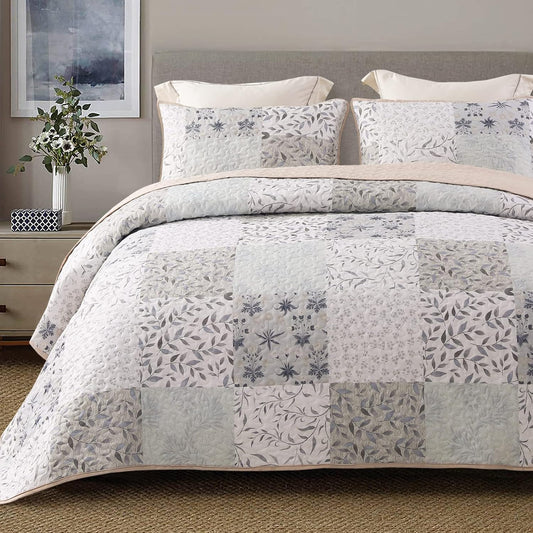 Exclusivo Mezcla Reversible Boho Quilt Set King Size, 3 Pieces Patchwork Gray All Season Bedspreads, Ultra Soft Floral Coverlet Bedding Set with Printed Pattern (1 Quilt, 2 Pillow Shams)