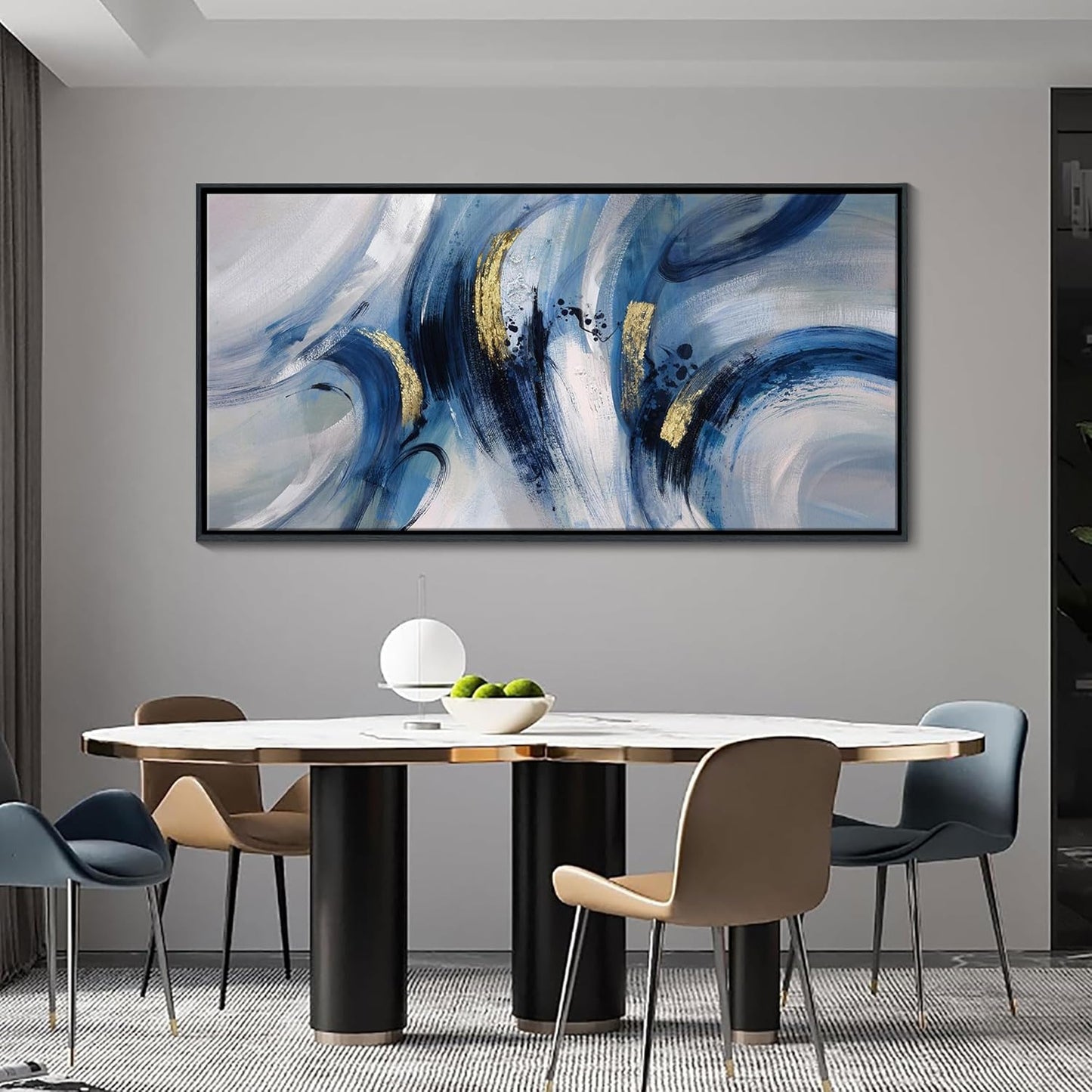 Extra Large Abstract Line Art Framed Canvas - Blue & Grey Modern Wall Decor 30x60 Inches, Minimalist Living Room Art, Oversized Office Painting, Ready to Hang