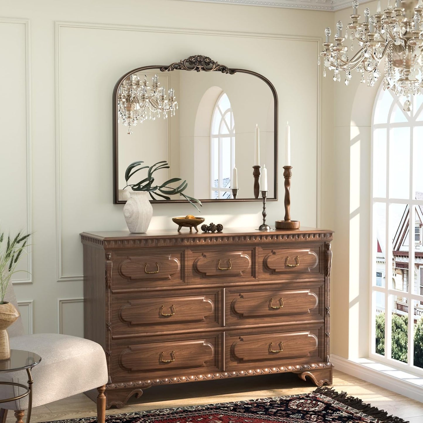 Keonjinn Vintage Mirror for Wall, 36" x 30" Bronze Antique Mirrors with Metal Frame, Baroque Style Decoration for Mantle, Bathroom, Living Room, Fireplace, Bedroom, French Cleat Mounting