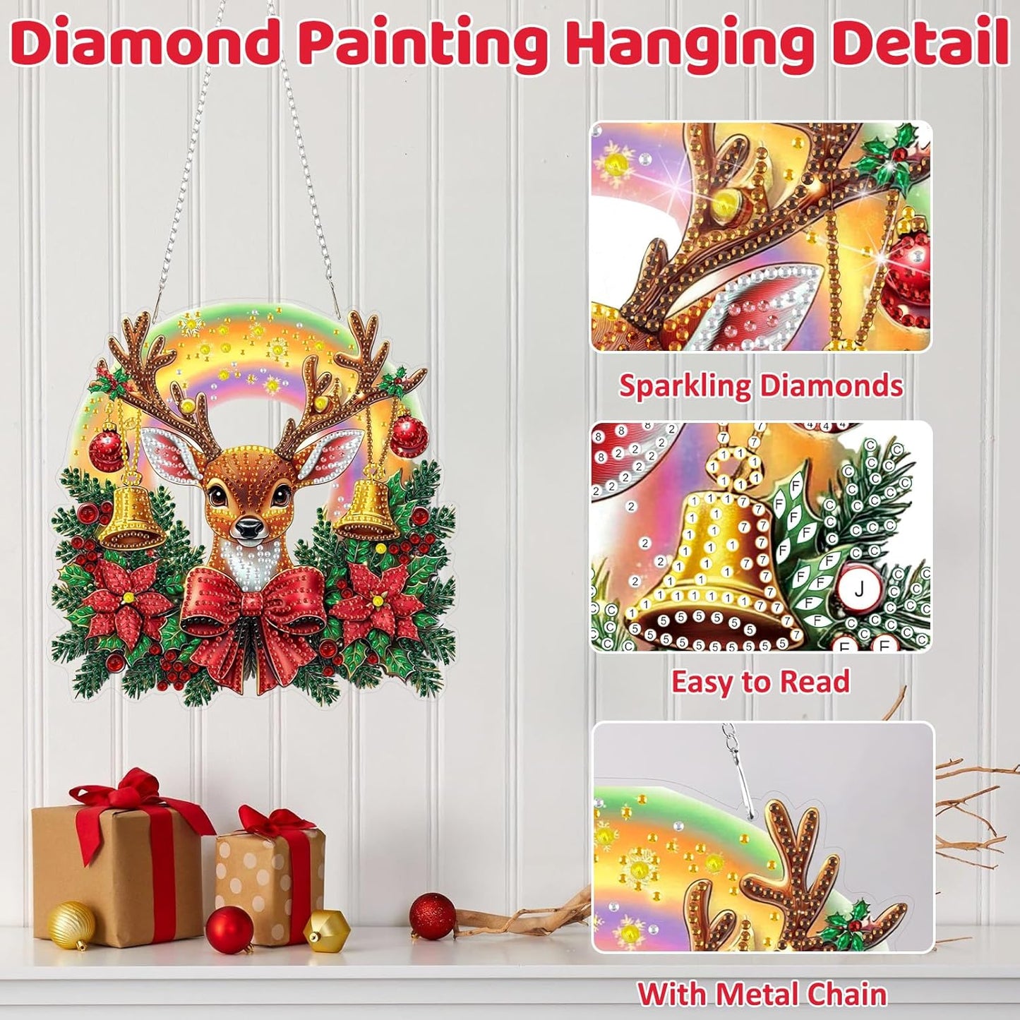 MEIYUDA Christmas Hanging Diamond Art Kits for Adult, Deer Diamond Painting Hanging Kits Ornaments, DIY Special Shaped Rhinestone Window Pendants kit for Home Garden Wall Decor Gift