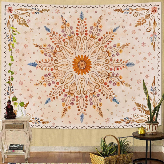 Fowocu Boho Floral Mandala Tapestry for Bedroom Aesthetic Watercolor Bohemian Flower Wall Tapestry Brown Beige Hippie Indian Small Tapestries Wall Hanging for Living Room Dorm Decor 48 x 36 Inch