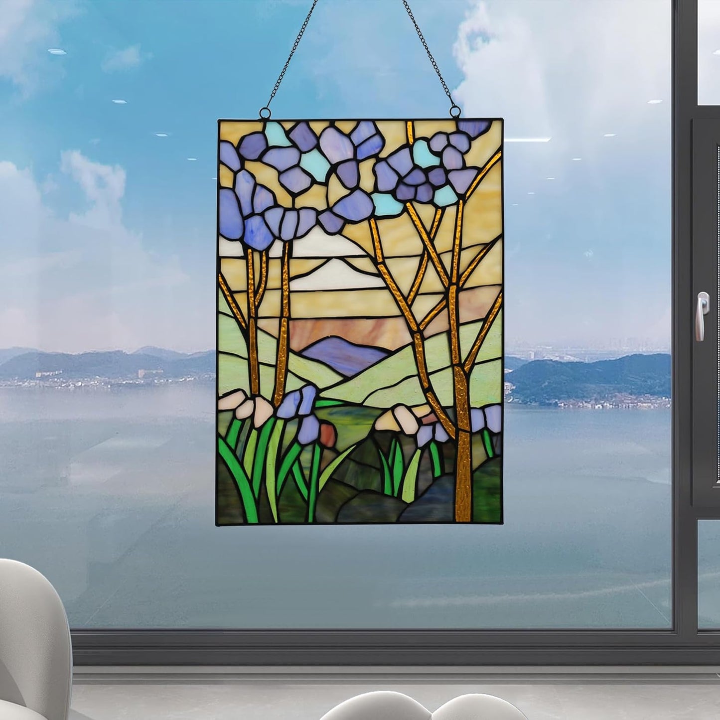 YOURANJU Stained Glass Window Hanging 16" H x 11" W Tiffany Style Rectangular Window Panel Suitable for Living Room Bedroom Kitchen Window Decoration Hangings with Chain (Sunset)
