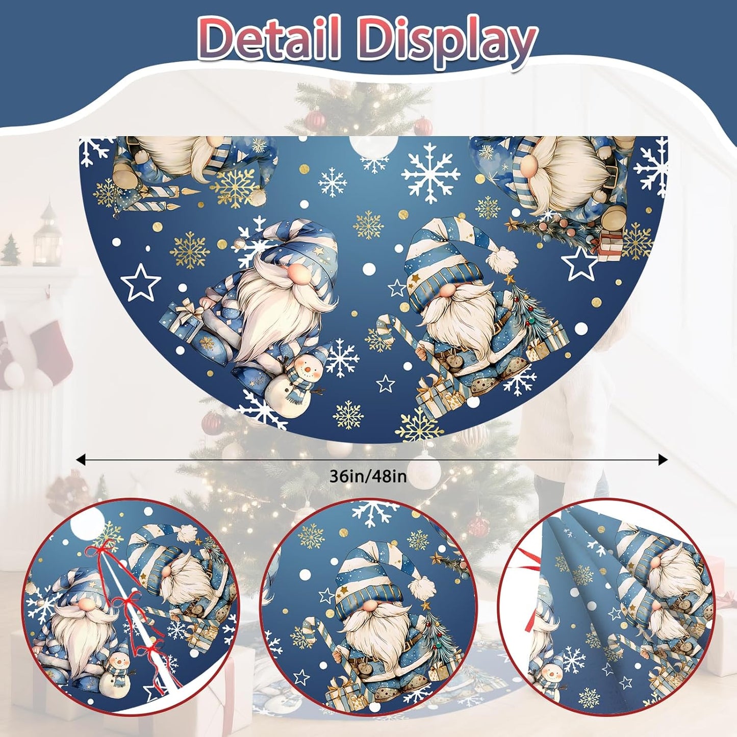 Blue Gnomes Christmas Tree Skirt Gnomes Snowflaks Christmas Decorations House Decor Winter Holiday Party Xmas Tree Skirt 36 inches