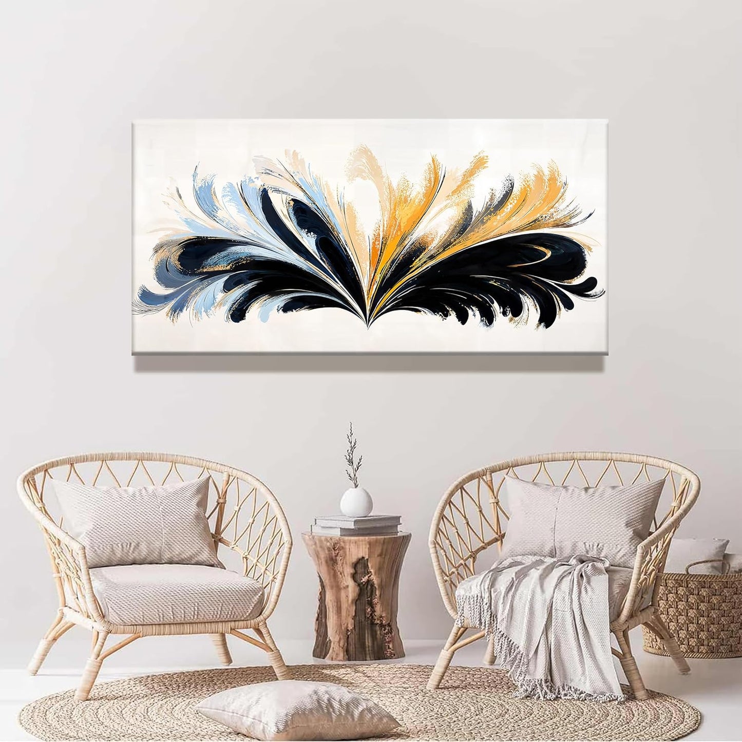 QSQ Modern Canvas Art Wall Decor Painting Black And Gold Abstract Wall Art For Living Room Blue Feather Graffiti Abstract Wall Decor Prints Artwork For Bedroom Office Home Wall Decoration 24" X 48"