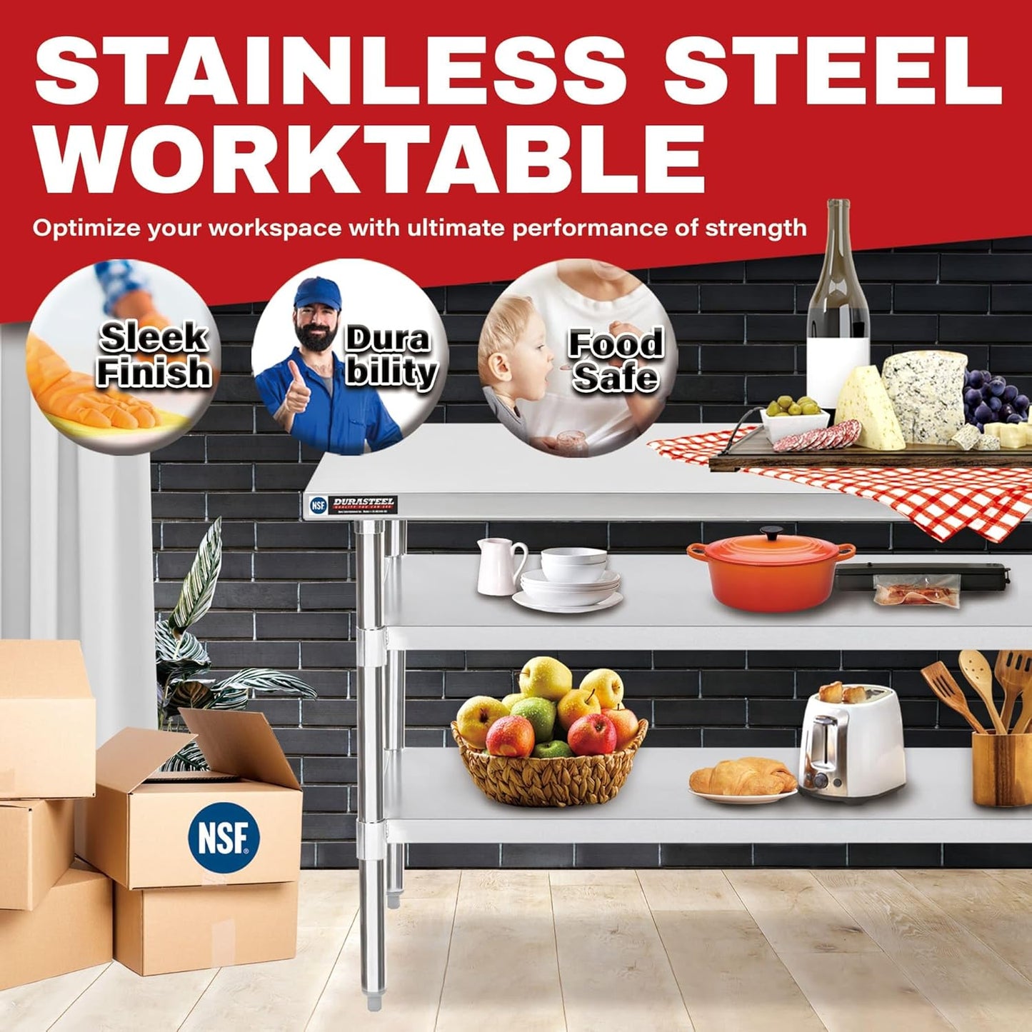 DuraSteel Food Prep Stainless Steel Table - 24 x 72 Inch Commercial Metal Workbench with Adjustable Under Shelf - NSF Certified - for Restaurant, Warehouse, Home, Kitchen, Garage