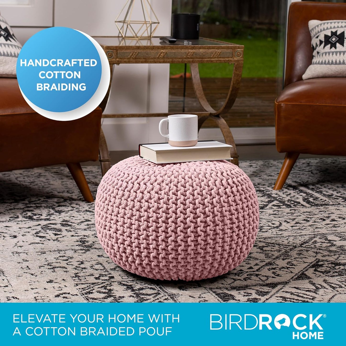 BIRDROCK HOME Round Pouf Ottoman | Cotton Braided Foot Stool with Bean Bag Filling | Boho Foot Rest for Living Room & Bedroom | Compact & Comfortable Seating, Lightweight & Soft | Dusty Rose