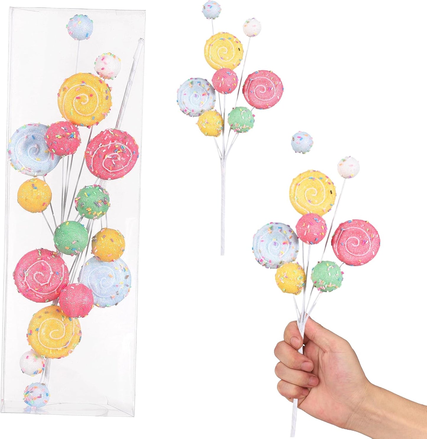 2Pcs Christmas Tree Picks Branch Decorations Macaron Topper Ornaments Candy Spray Picks Twigs Stems for Xmas Wreath Decoration New Year Party