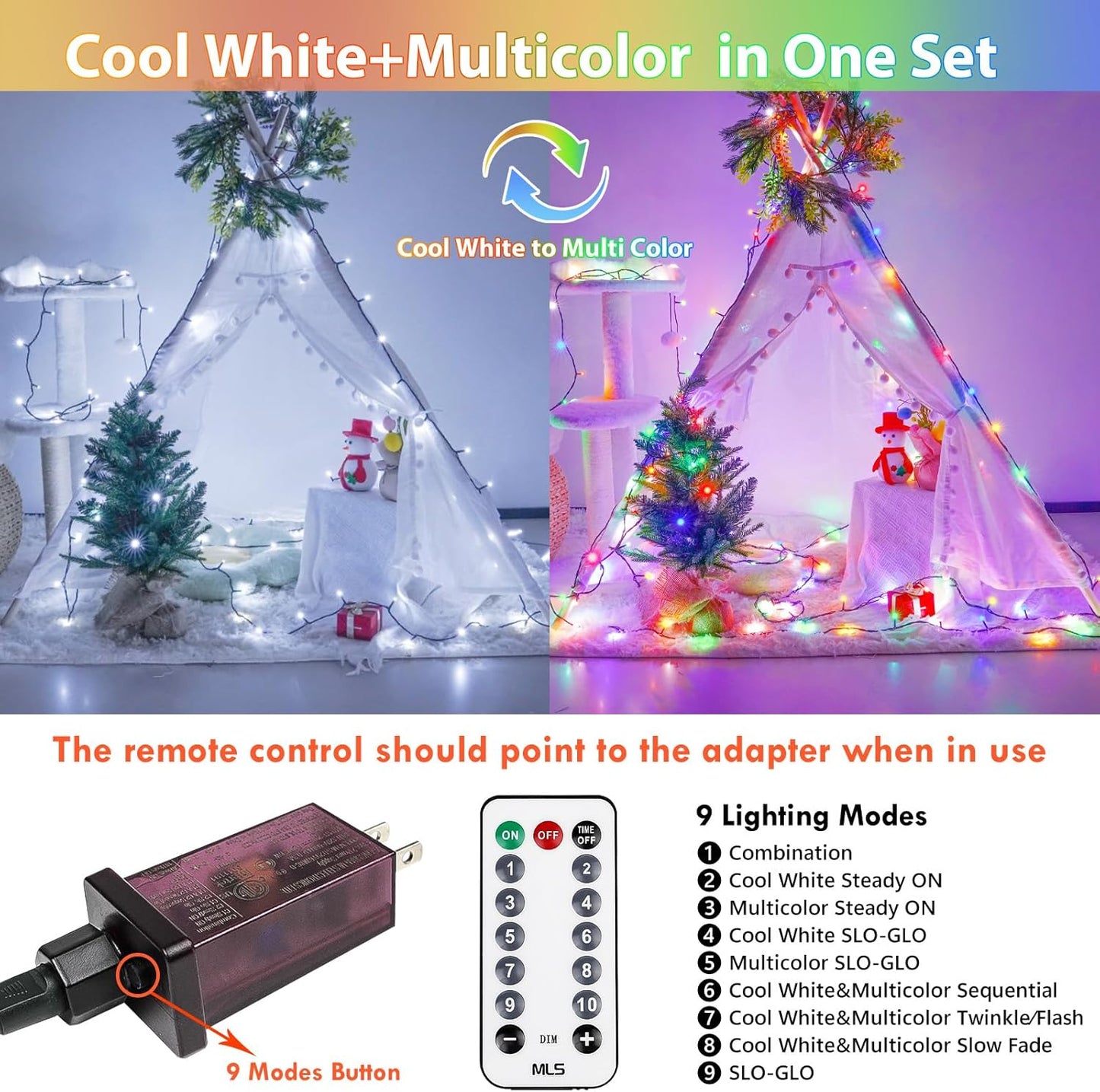 75.8 FT 200 LED Color Changing Christmas String Lights with Remote & Timer & Memory Function, 9 Lighting Modes Waterproof Twinkle Lights for Xmas Tree Holiday Party Garden (Cool White & Multicolor)