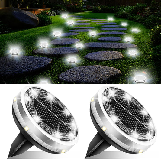 Solar Ground Lights Outdoor 2 Pack Waterproof, Upgraded Solar Garden Lights with 4 Side Light, Stainless Steel Solar Powered Disc Landscape Light for Walkway Pathway Lawn Yard Patio Deck-Cool White