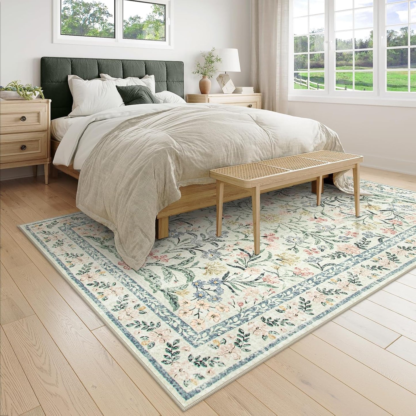 Wonnitar Washable Area Rugs 5x7, Soft Floral Bedroom Area Rug, Washable Carpet 5x7 Non Slip, Boho Flower Print Beige Carpets for Living Room Bedside Dining Room