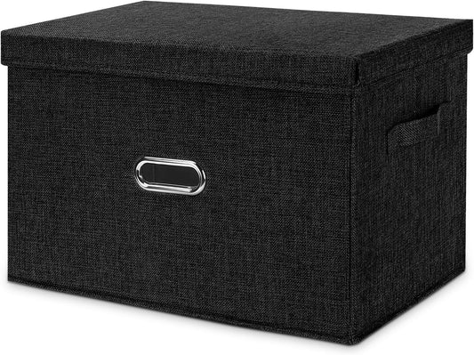 Large Linen Fabric Foldable Storage Bins with Removable Lid and Handles, Washable Storage Box Organizer Containers Baskets Cube with Cover for Bedroom,Office(Black, Medium)