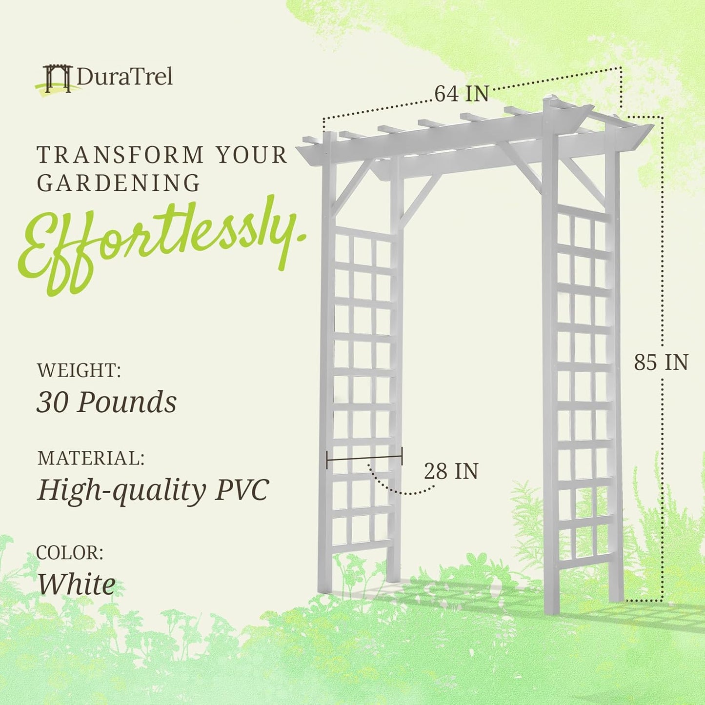Dura-Trel Providence Arbor, Vinyl Garden Archway for Outdoors, 64" x 85", White - Backyard Decorative Arch for Pathways and Entrances with Trellis Sides for Climbing Plants, Vines & Flowers