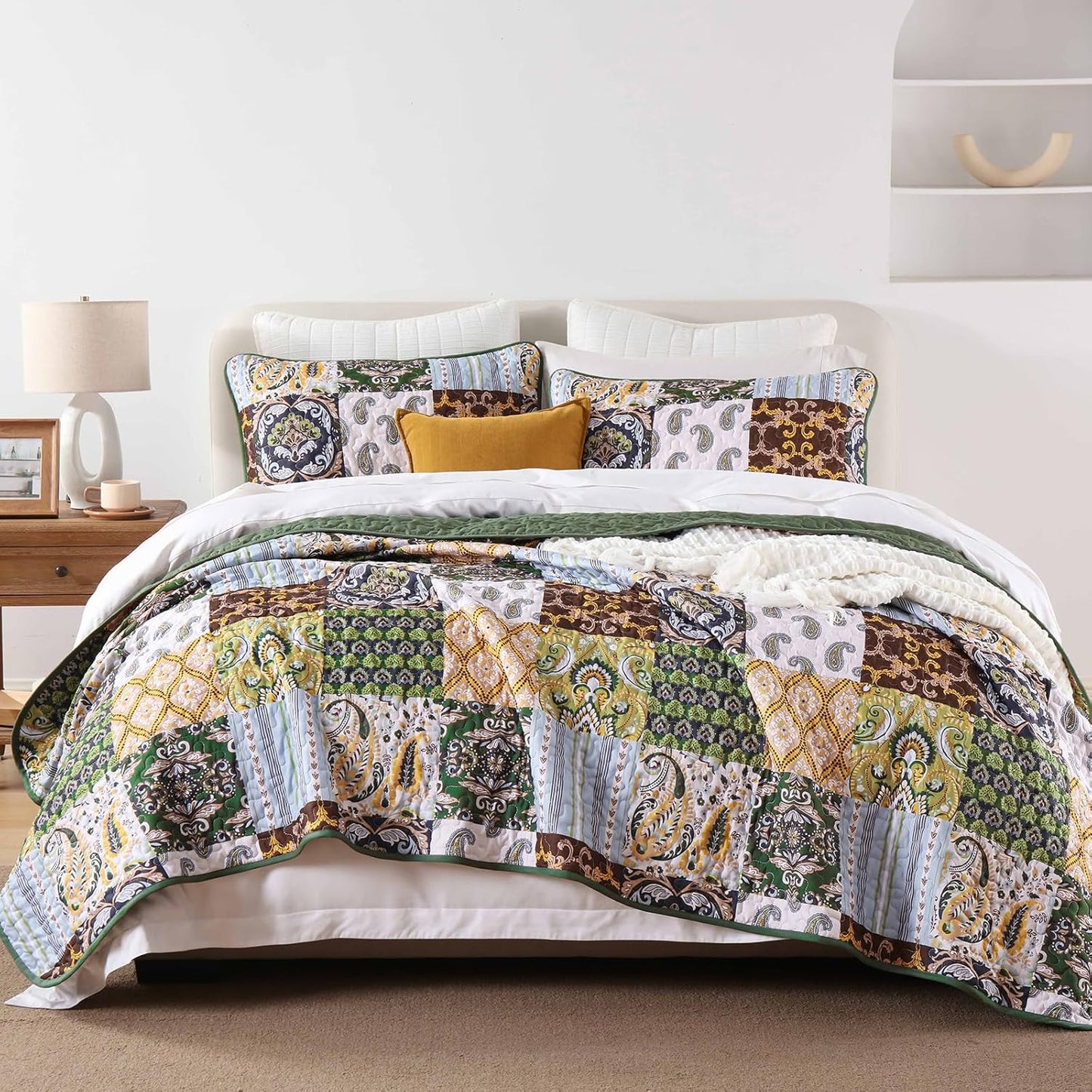 WONGS BEDDING Boho Quilt Set King Size, Plaid Patchwork Bedspread Bedding Set Soft Microfiber Quilt for King Bed Reversible 3 Pieces Coverlet Set for All Season (Brown Olive 104"x90")