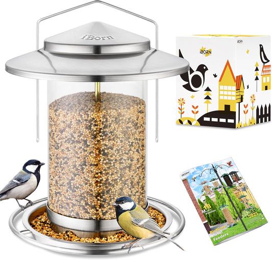 iBorn Metal Bird Feeders for Outdoors,Easy Clean Bird Seed Feeder,Hanging Bird Feeder for Seeds with Gift Box,3-Second Refill Bird Feeder,Nickle 6 Port (Seed is not Included)